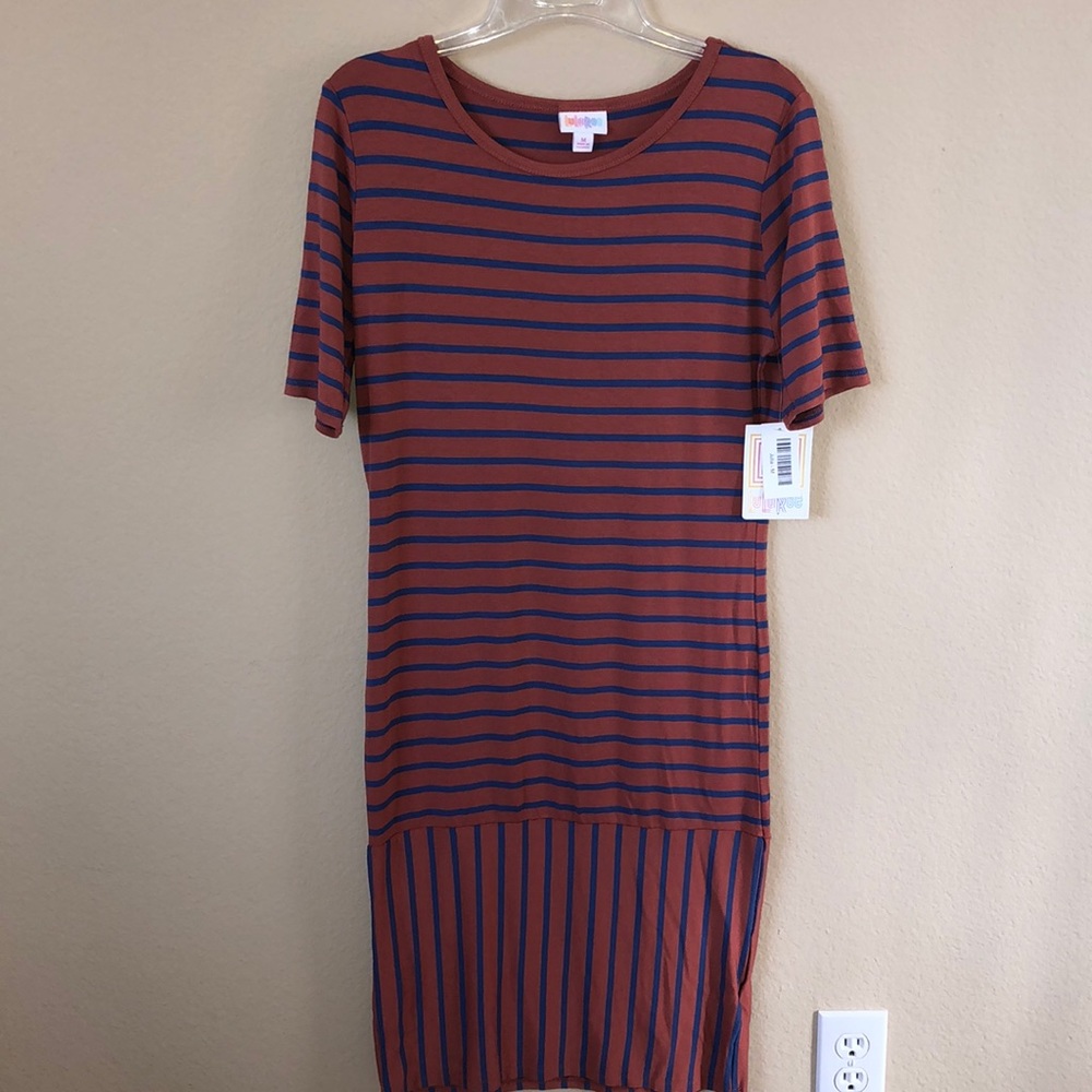 NWT LuLaRoe Julia Brown & Blue Striped Short Sleeve Pencil Dress - Size Medium